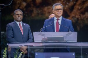 Erton Carlos Köhler, Executive Secretary, General Conference (GC), welcoming delegates and guests to the General Conference Session at the opening meeting on Thursday, July 3, 2025. The 62nd General Conference Session of the Seventh-day Adventist Church, America’s Center Convention Complex, St. Louis, Missouri, USA, July 3-12, 2025. Camera date: Thursday, July 3, 2025 14:04.